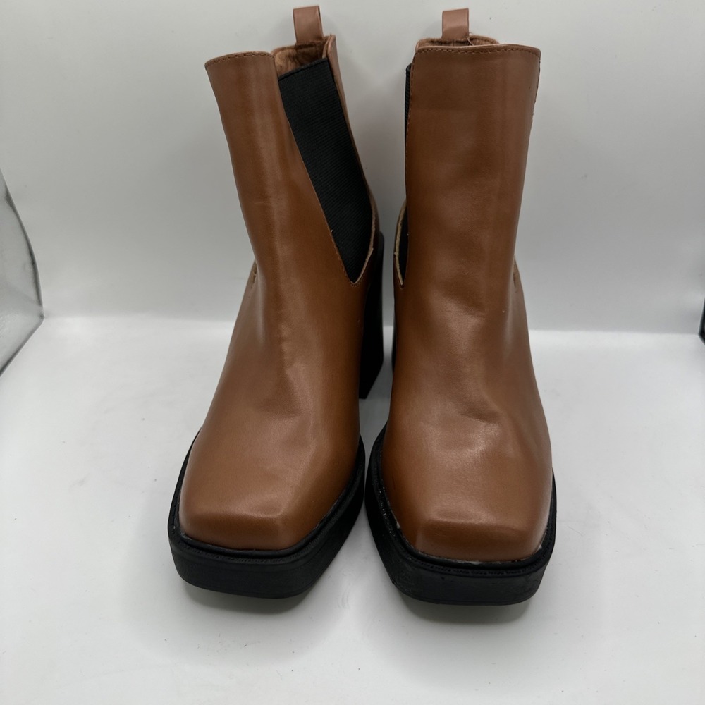 NWT MIA Burnap Heeled Chelsea Ankle Y2K Platform Boot Cognac Brown Leather 6.5 - Picture 3 of 8